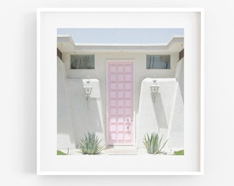 Palm Springs Print, Pink Door Photograph, Mid Century Modern Decor, Square Wall Art, Travel Photography, Retro, California Desert Boho Decor