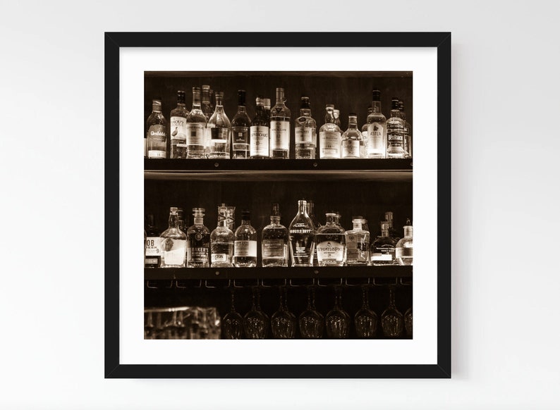 Whiskey Photography FRAMED art print vintage bourbon scotch whisky bottles kitchen distillery bar decor restaurant art black and white sepia image 1