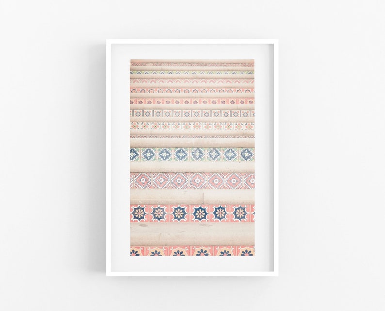Mediterranean Photography Print, Spanish Architecture Spanish Style Wall Art Print Tiles Stairs Pretty Pastel Pink Blush Staircase Pattern image 1