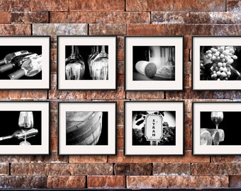 Wine Photography, Set of 8 5x7 or 8x10 Prints, Wine Print Set, Wine Art, Winery, Restaurant, Kitchen Art, Black and White food photography