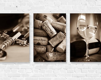 Wine Photography Print Set Kitchen Dining Art Prints Winery Set of 3 Wine Corks Wine Glasses California Black & White Sepia Bar Wine Country
