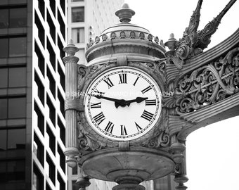 Chicago Photography, Downtown Chicago Print Marshall Field Clock City Architecture Urban Decor Black and White Sepia Chicago Wall Art Print