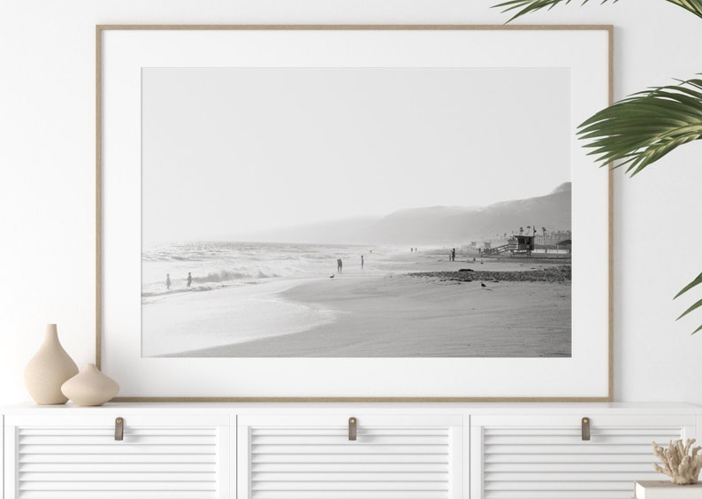 Malibu Photography FRAMED Print, Zuma Beach, Black and White Beach Photo Lifeguard California Los Angeles Large Art Coastal Farmhouse L.A. image 1