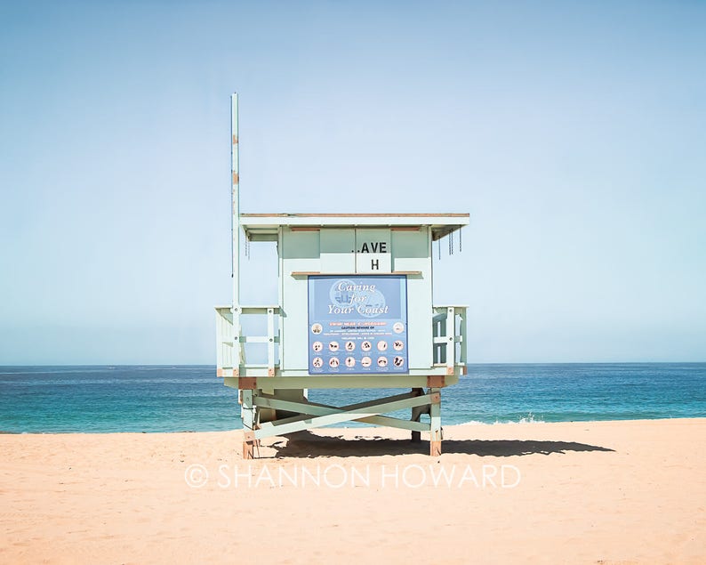 California Photography, Redondo Beach Lifeguard Tower Print Hermosa Beach Photo Turquoise Blue Seascape Los Angeles Retro Coastal Decor image 3