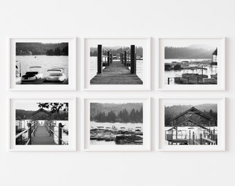Black and White Lake Photography Print Set Lake Arrowhead California Prints Big Bear Art Marina Paddle Board Modern Cabin Art Gallery Wall