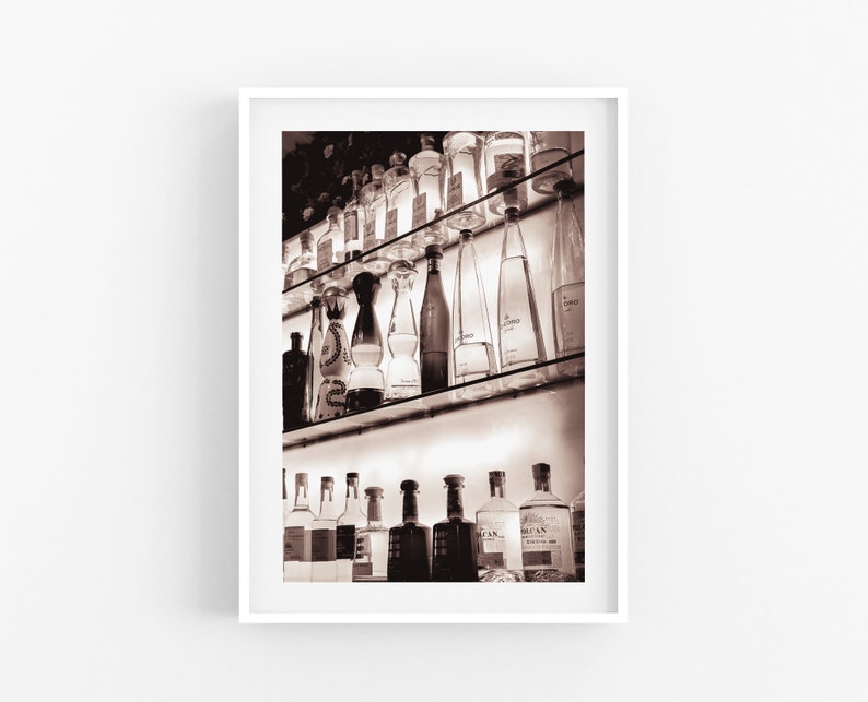 Tequila Photography framed art print, vintage tequila bottles classy kitchen bar decor restaurant art black & white sepia tequila lover gift image 10