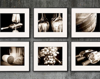 Wine Photography, Sepia, Wine Print Set, Wine Art, Set of 6 Prints Vintage Winery Restaurant Wine Bar Kitchen Art Dining Room