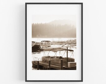 Black and White Lake Arrowhead Photography Print, Boat Dock Print Big Bear Art Alpine Lakes Print California Print Forest Mountain Cabin Art