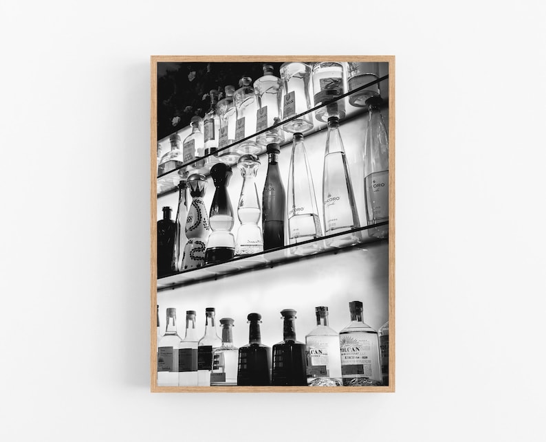 Tequila Photography framed art print, vintage tequila bottles classy kitchen bar decor restaurant art black & white sepia tequila lover gift image 3