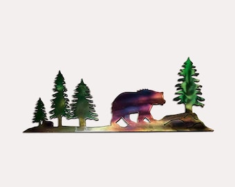 ear Metal Wall Art, Rustic Cabin Wildlife Decor, Bear and Pine Trees, Indoor Outdoor Metal Wall Art