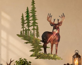 Mountain Wall Art – Rustic Cabin Metal Decor – Whitetail Buck Deer and Pine Trees