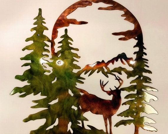 Whitetail Buck Trees & Moon Indoor or Outdoor Wildlife Metal Wall Art