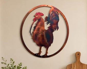 16" High Oval Rooster Metal Wall Art – Handcrafted Copper Patina Farmhouse Kitchen Decor