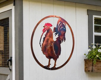 20" High Oval Rooster Metal Wall Art – Copper Patina Farmhouse Chicken Decor – Indoor Outdoor