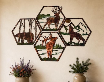 Wildlife Metal Wall Art Set, Bear Deer Elk Wolf Cabin Decor, 4 Piece Rustic Lodge Wall Art, Indoor Outdoor Metal Art