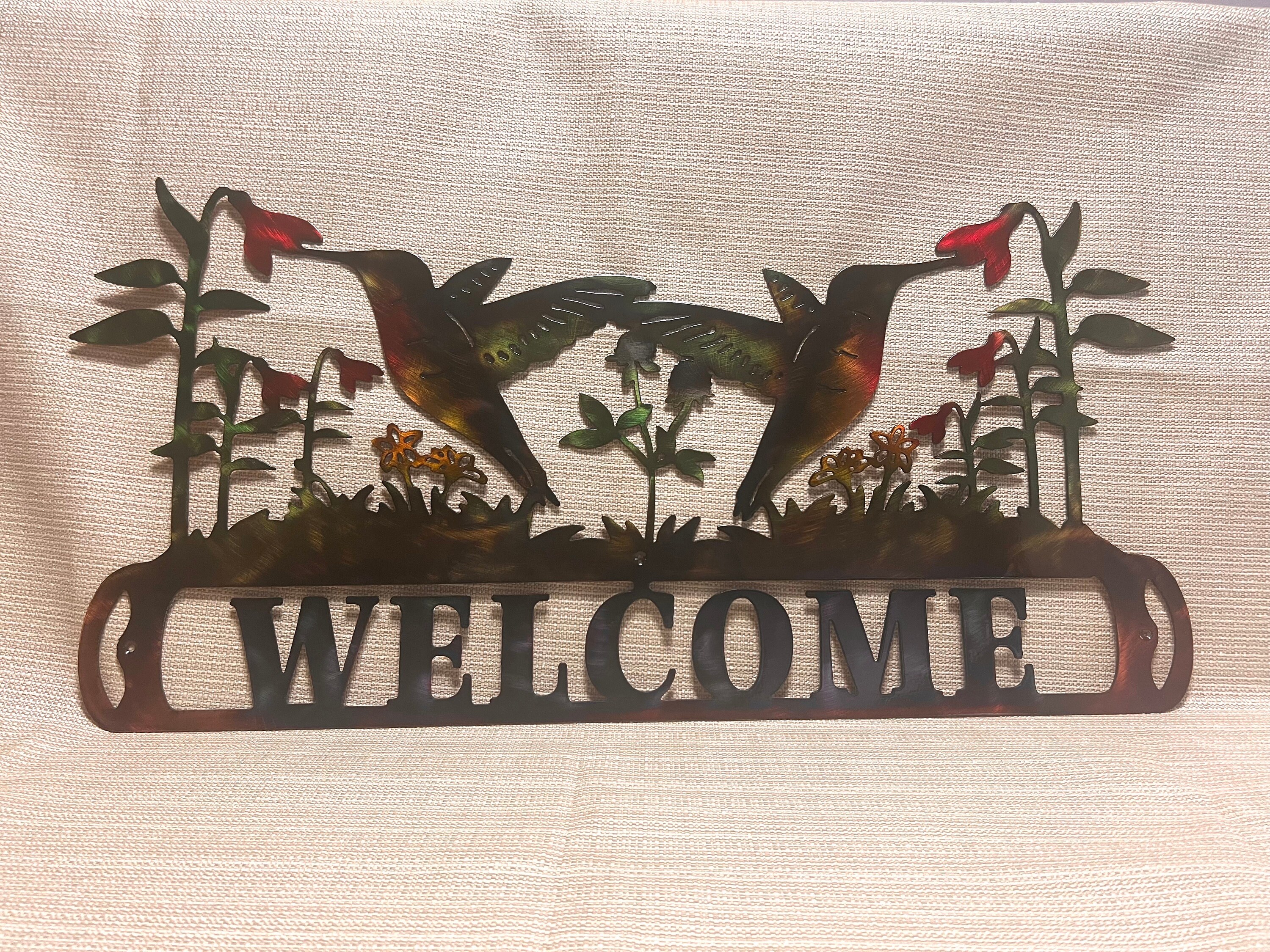 Hummingbird Welcome Sign: Rustic Metal Wall Art, Garden Decor ...