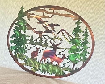 Metal Deer Wall Art – Welcome Forest Deer Mountain Design, Rustic Cabin Decor, 11.8x9 Inches