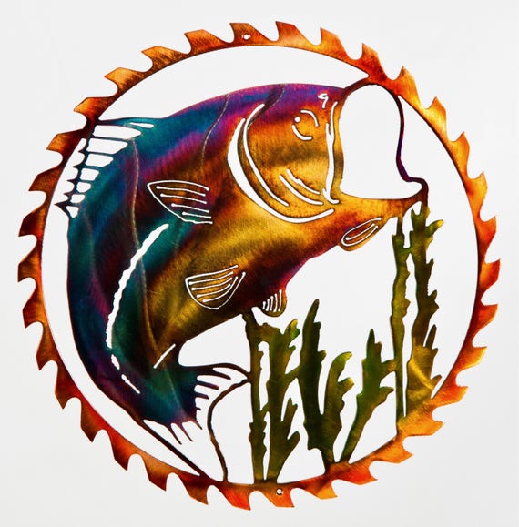 Large Mouth Bass In Sawblade Frame Metal Wall Art