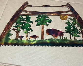 Bison and Mountains Metal Wall Art - Bow Saw Wildlife Decor