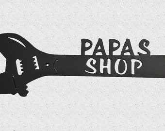 Papa's Shop or Papas Garage Crescent Wrench Metal Art Man Cave Decor