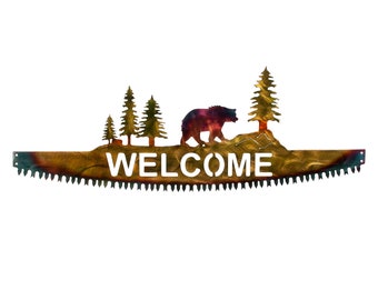 Bear on Crosscut Sawblade Metal Wall Art Welcome