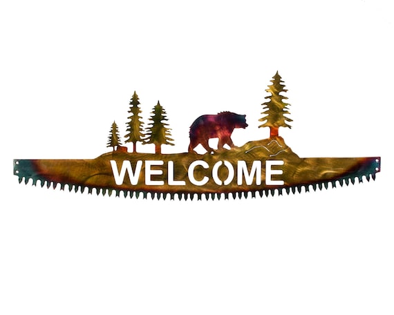 Bear on Crosscut Sawblade Metal Wall Art Welcome