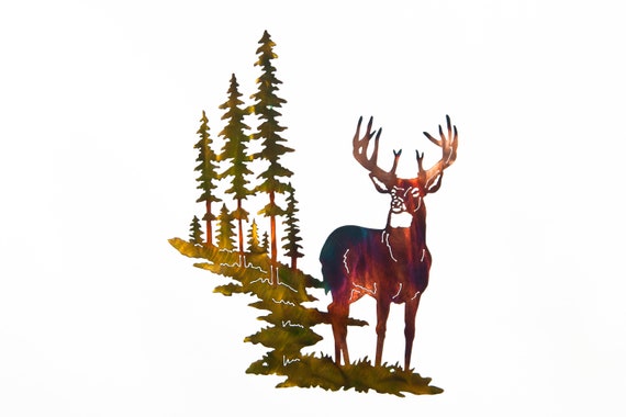 Whitetail Buck Deer w/ Mountain & Trees Metal Wall Art