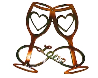 Wine Glasses w/ Double Hearts & Infinity Love Ribbon Metal Wall Art Decor