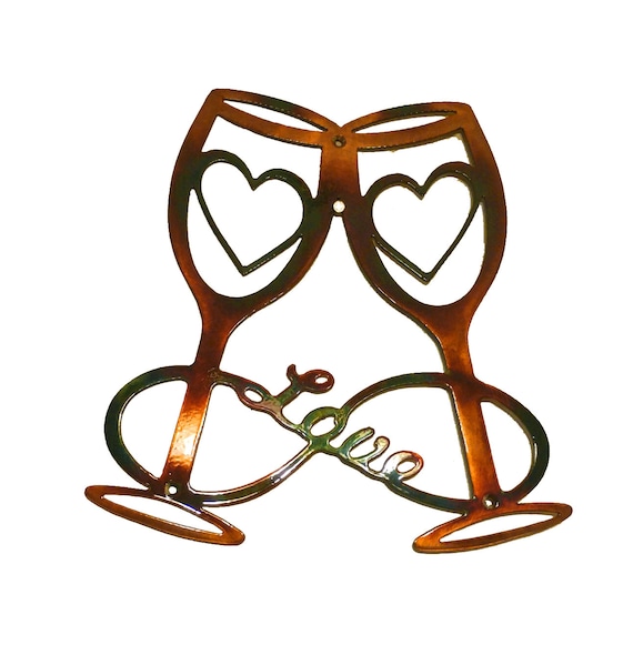 Wine Glasses w/ Double Hearts & Infinity Love Ribbon Metal Wall Art Decor