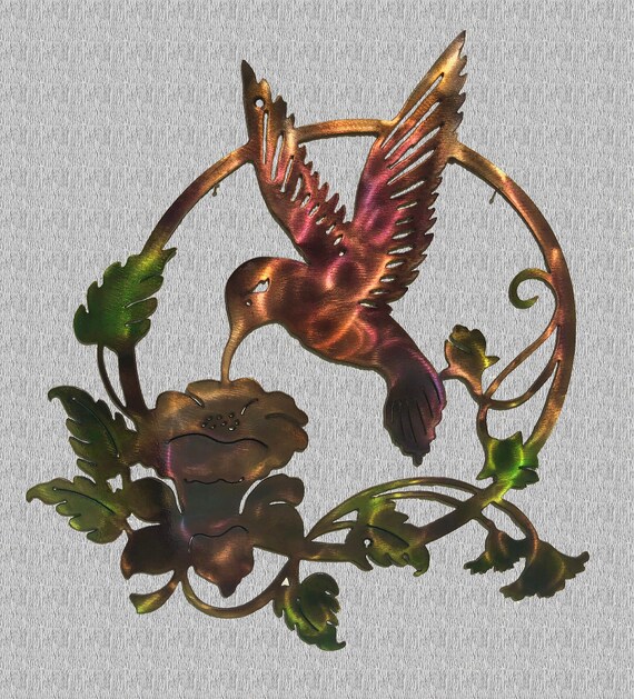 Hummingbird Feeding On Flowers Indoor Or Outdoor Metal Wall Art W/ Patina Finish