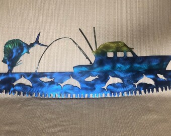 Sailfish Fishing Boat Metal Wall Art: Nautical Decor on Saw Blade, Handmade, Hand Finished