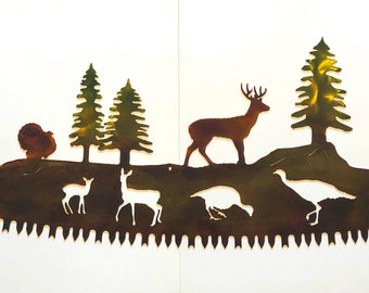 Buck & Turkey in Crosscut Saw Blade Indoor or Outdoor Wildlife Metal Wall Art