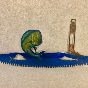 Mahi-mahi Dolphin Fish & Lighthouse in Crosscut Saw Blade Indoor or Outdoor Nautical Metal Wall Art image 3