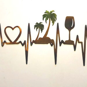 20&quot; EKG Line Heartbeat Heart, Palm Trees & Wineglass Plasma Cut Indoor or Outdoor Metal Art