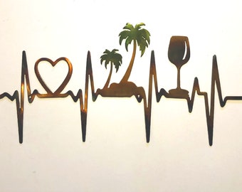 EKG Heartbeat Metal Art: Palm Trees & Wine, Beach Decor (20 inch) Handmade, Hand Finished