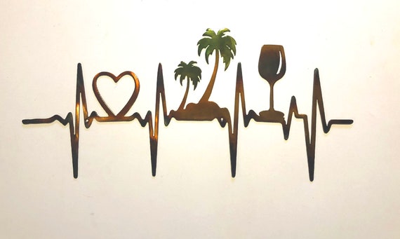 20" EKG Line Heartbeat Heart, Palm Trees & Wineglass Plasma Cut Indoor or Outdoor Metal Art