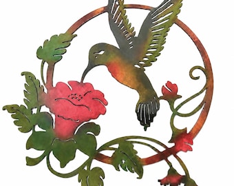 Hummingbird Feeding On Flowers Indoor Or Outdoor Metal Wall Art W/ Patina Finish