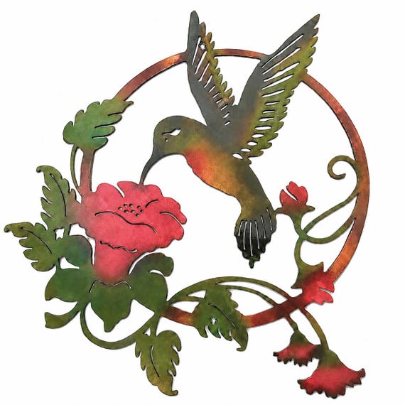 Hummingbird Feeding On Flowers Indoor Or Outdoor Metal Wall Art W/ Patina Finish