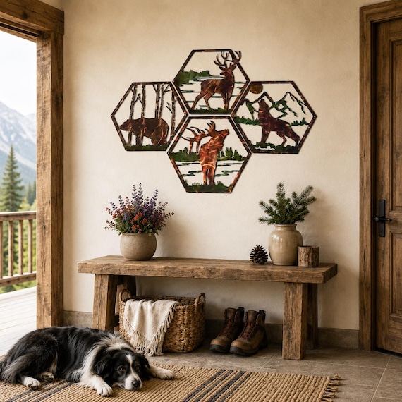 Wildlife Metal Wall Art Set, Bear Deer Elk Wolf Cabin Decor, 4 Piece Rustic Lodge Wall Art, Indoor Outdoor Metal Art