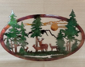 Deer Family Metal Wall Art: Wildlife Mountain Scene, Handmade, Hand Finished