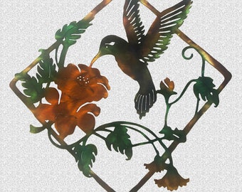 Hummingbird In Diagonal Frame Indoor Or Outdoor Metal Wall Art W/ Patina Finish