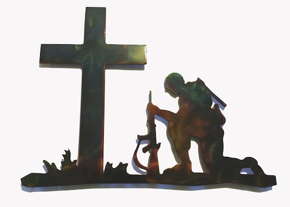 Soldier Kneeling Before Cross Metal Wall Art W/ Patina Finish