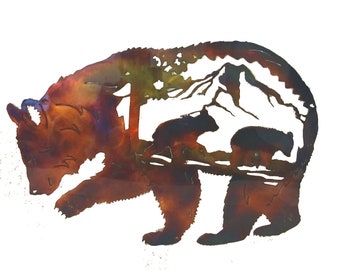 Bear With Cubs Indoor Outdoor Metal Wildlife Wall Art