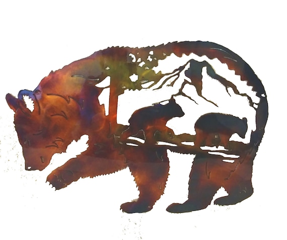 Bear With Cubs Indoor Outdoor Metal Wildlife Wall Art