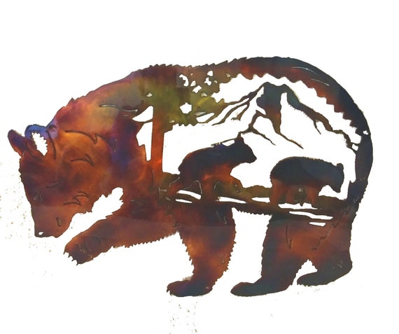 Bear With Cubs Indoor Outdoor Metal Wildlife Wall Art