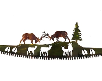 Elk Fighting on Crosscut Saw: Metal Wall Art for Cabin Decor, Handmade, Hand Finished