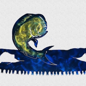 Mahi-mahi Dolphin Fish & Lighthouse in Crosscut Saw Blade Indoor or Outdoor Nautical Metal Wall Art