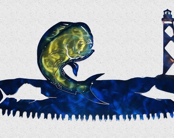 Mahi-Mahi & Lighthouse Metal Wall Art: Nautical Saw Blade Decor, Handmade, Hand Finished