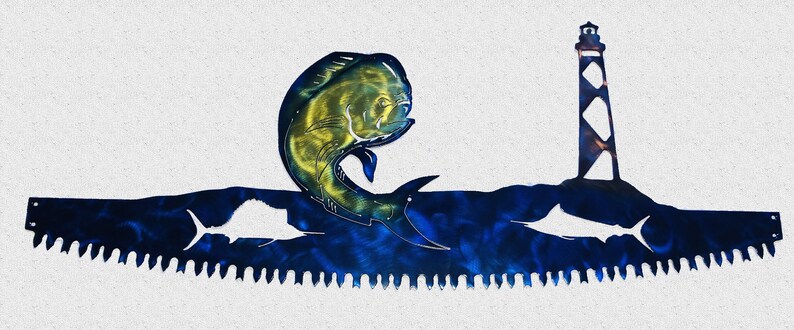 Mahi-mahi Dolphin Fish & Lighthouse in Crosscut Saw Blade Indoor or Outdoor Nautical Metal Wall Art image 1