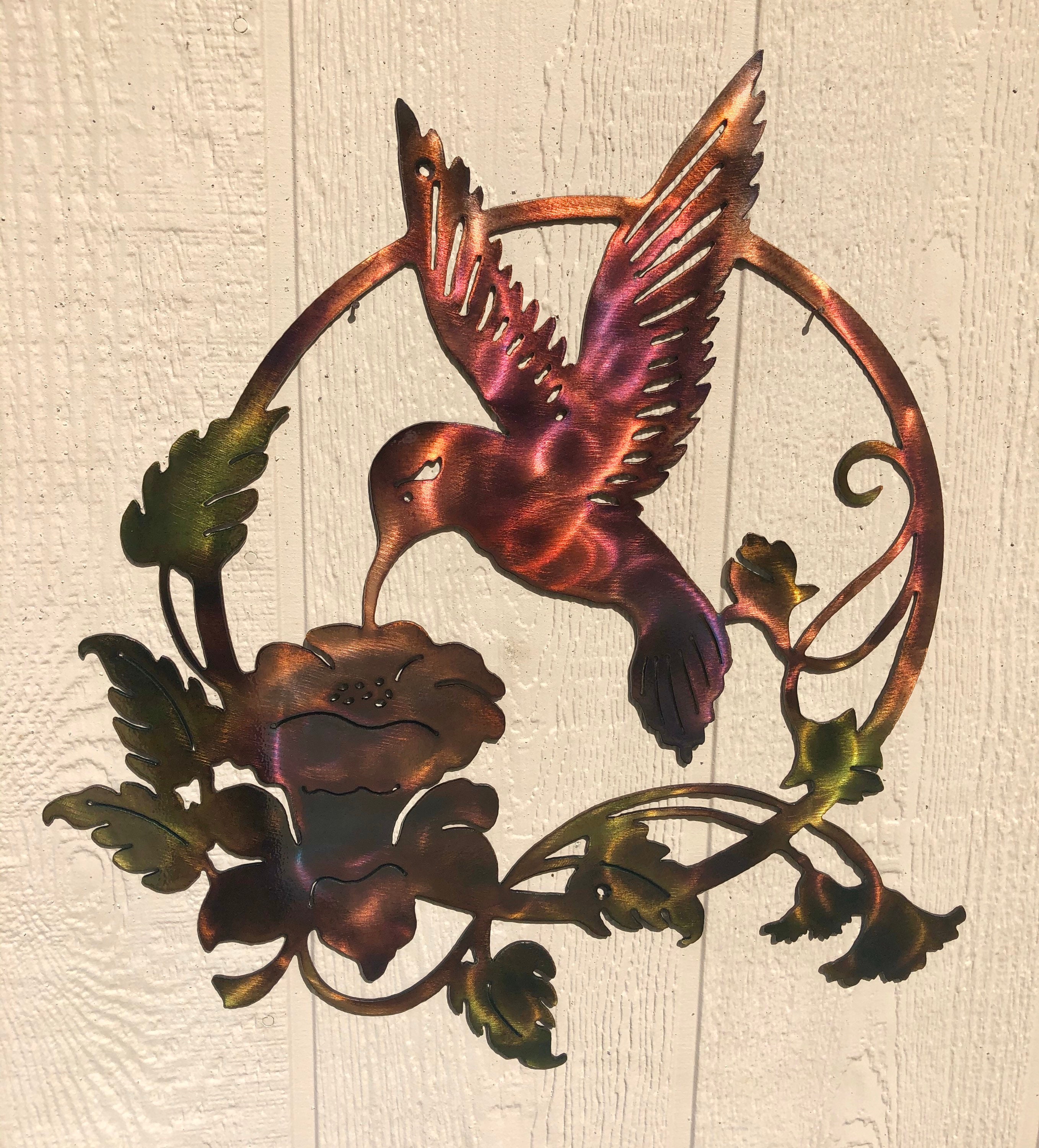 Hummingbird Feeding On Flowers Indoor Or Outdoor Metal Wall Art W